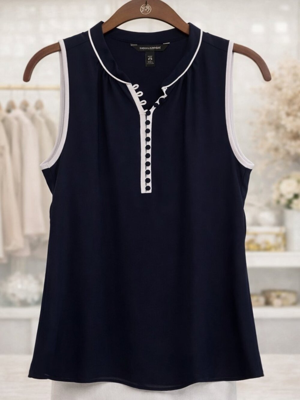 Banana Republic Navy Contrast Piping Sleeveless Button Detail Top Capsule Career